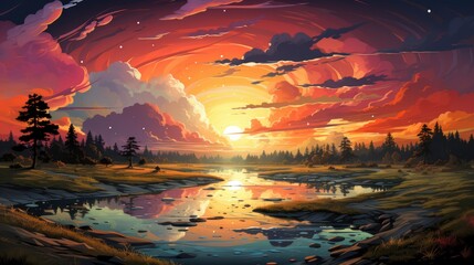 Colorful Sunset Clouds Evening Russia, Background Banner HD, Illustrations , Cartoon style - obrazy, fototapety, plakaty