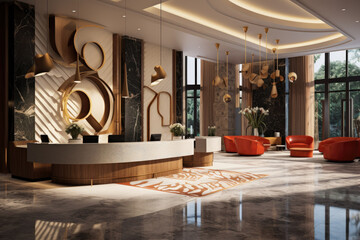 Interior of luxury hotel lobby zone with reception desk and relax zone for guest, modern style...