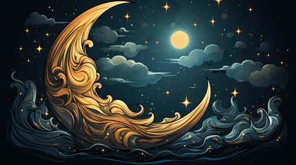 Obraz na płótnie Canvas Concept Crescent Moon Symbol Islam Begins, Background Banner HD, Illustrations , Cartoon style