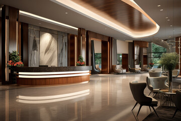 Interior of luxury hotel lobby zone with reception desk and relax zone for guest, modern style concept, entrance lobby for welcoming. - obrazy, fototapety, plakaty
