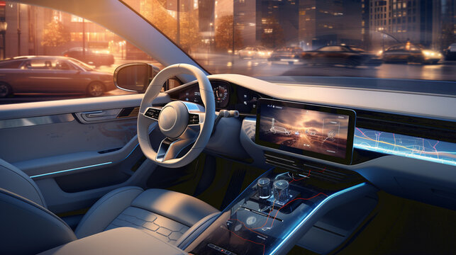 Car interior with Self driving , Auto pilot and internet of thin futuristic icon illustration . Autonomous car system technology concept . - Powered by Adobe
