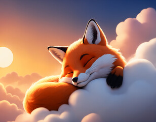 Fototapeta premium Charming illustration of a happy little fox resting on a cloud, with the sun setting in the background, creating a serene and cozy atmosphere. Generative AI