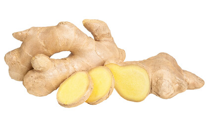 Ginger root isolated on white or transparent background. One whole and cut slices of ginger root