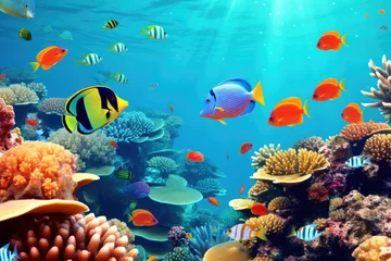 Küchenrückwand glas motiv Underwater with colorful sea life fishes and plant at seabed background, Colorful Coral reef landscape in the deep of ocean. Marine life concept, Underwater world scene. © TANATPON