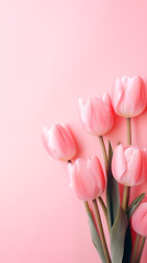Bouquet of pink tulips on a pink background. Spring natural concept.