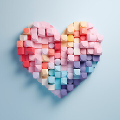 Heart shape made of pastel colored pink, blue, yellow, orange lego cubes. Valentine's day concept. Love concept. - obrazy, fototapety, plakaty