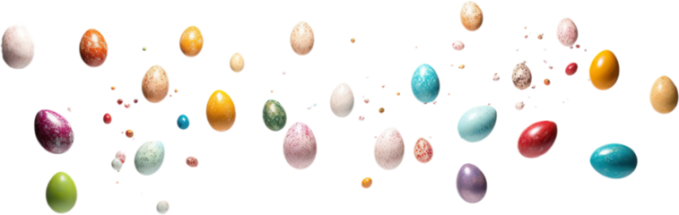 Set of various Easter eggs falling into the air, isolated on a white background. Easter holidays