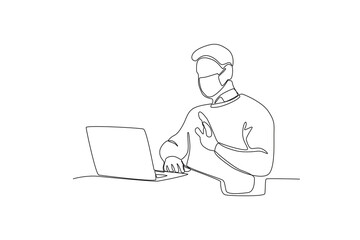 One continuous line drawing of Employees wearing masks having an online meeting. Hospital health care concept single line draw design vector illustration
