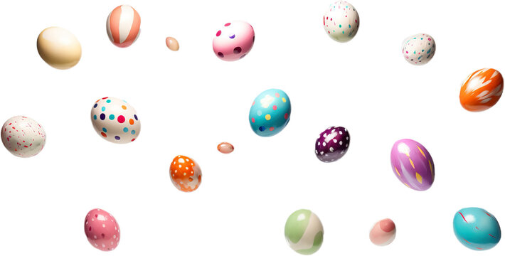 Set of various Easter eggs falling into the air, isolated on a white background. Easter holidays