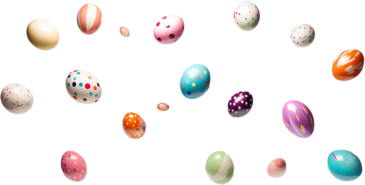 Set of various Easter eggs falling into the air, isolated on a white background. Easter holidays