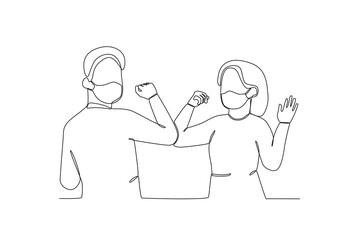 One continuous line drawing of Male and female employees shake elbows to reduce the spread of disease. Hospital health care concept single line draw design vector illustration
