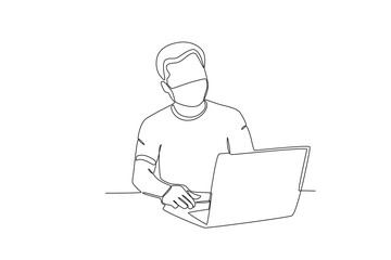 Fototapeta na wymiar One continuous line drawing of Male employee working on laptop in office wearing mask. Hospital health care concept single line draw design vector illustration 
