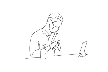 One continuous line drawing of Male employee using hand sanitizer during online meeting. Hospital health care concept single line draw design vector illustration 