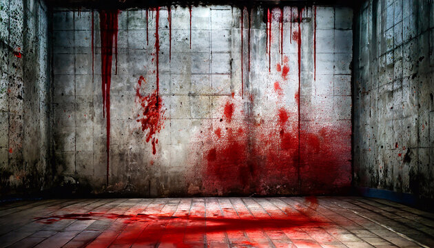 Bloody background scary empty square room as grunge dirty concrete wall and floor with blood stains, concept of horror and Halloween