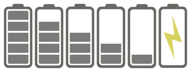 Battery charges in black. Battery charge indicator icons, vector graphics.