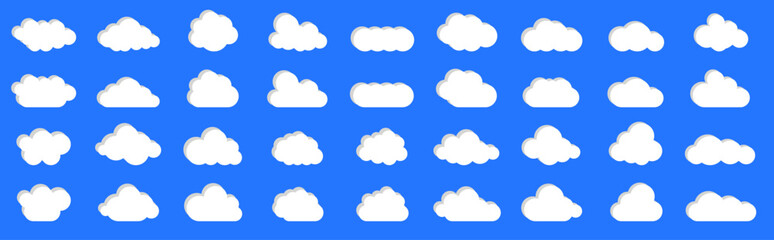 Clouds in the sky with shadow. Abstract white set of clouds isolated on a blue background. Vector illustration.