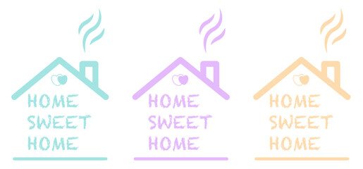 Home sweet home typographic poster. Printing handmade inscriptions. Vector illustration with house roof and chimney. - obrazy, fototapety, plakaty