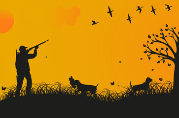 Fototapeta na wymiar Against the background of the setting sun, a man with a dog hunts ducks. Vector graphics.