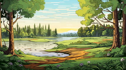 Illustration of the lakeside forest scenery under the beautiful sky
