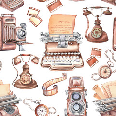 Seamless pattern with vintage typewriters, cameras and telephones. Hand painted watercolor illustration. - 695894344