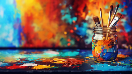 jar with paint and brushes on a colored artistic background, art, creative, gouache, oil, acrylic, watercolor, strokes, stains, illustration, wall, table, studio, artist’s workshop - obrazy, fototapety, plakaty