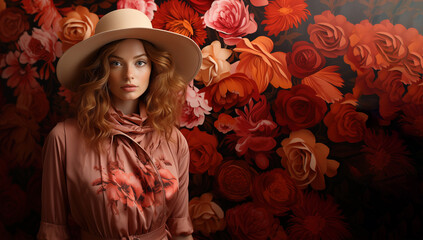 Woman in hat and pink dress poses near flowers.