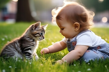 A one-year-old baby girl playing with a kitten on the grass on park background