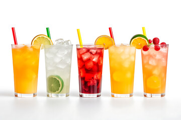 A set of different fruit drinks isolated on a white background.