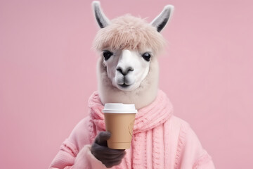 animal llama in knitted sweater and coffee cup isolated on light pink background. 