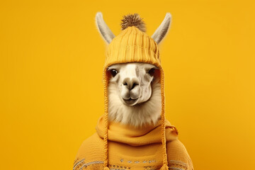 animal llama in knitted sweater and hat with pompom isolated on mustard background