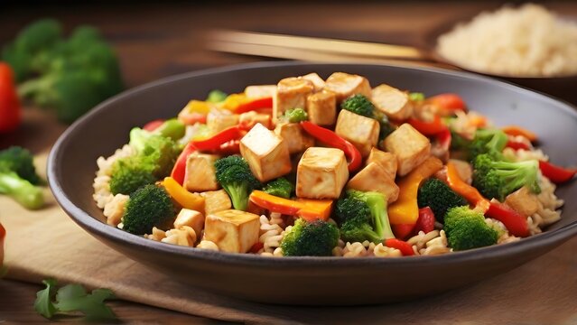 Vegetable and Tofu Stir-Fry, Stir-fry tofu with a variety of colorful vegetables (bell peppers, broccoli, carrots) in a savory sauce, served over brown rice or noodles, background image, generative AI