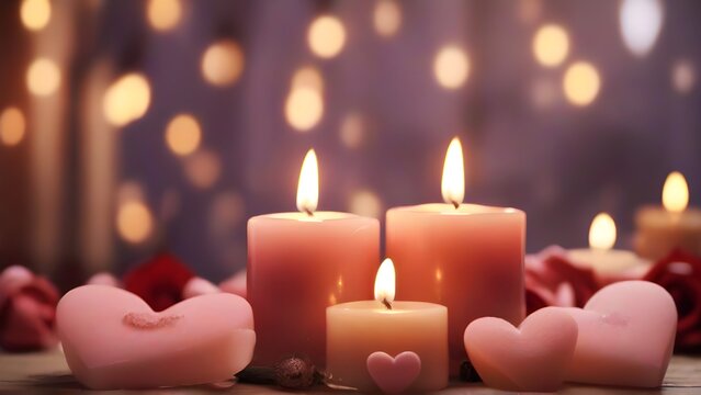 Close-up image showcasing the soft, flickering glow of candles arranged in a romantic setting against a Valentine's Day-themed background, background image, generative AI