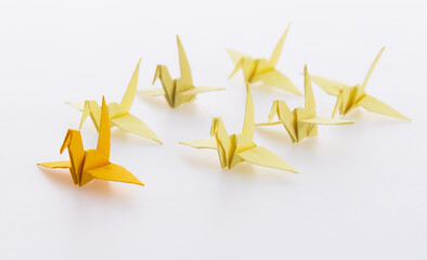 Yellow origami paper cranes on white background