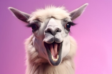 funny llama smiling and taking selfies using a smartphone isolated on a light lilac pink background - obrazy, fototapety, plakaty