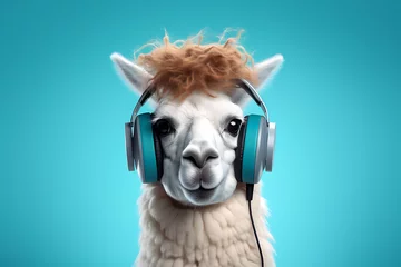 Deurstickers funny llama wearing headphones isolated on a light blue background. © Marina Shvedak