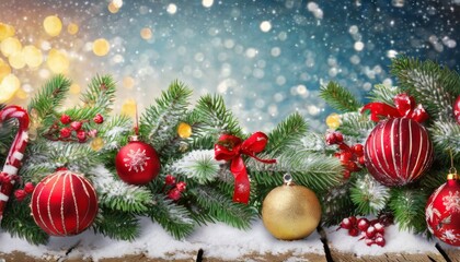 Obraz na płótnie Canvas christmas border fir branches and ornament on snowy plank