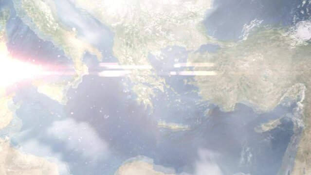 Zoom in from space and focus on Megara, Greece. 3D Animation. Background for travel intro. Elements of this image furnished by NASA