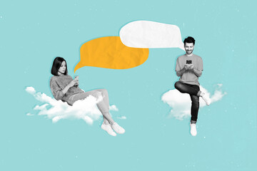 Pop pinup weird collage of two people bloggers lady guy sitting mind cloud texting on smart cell...