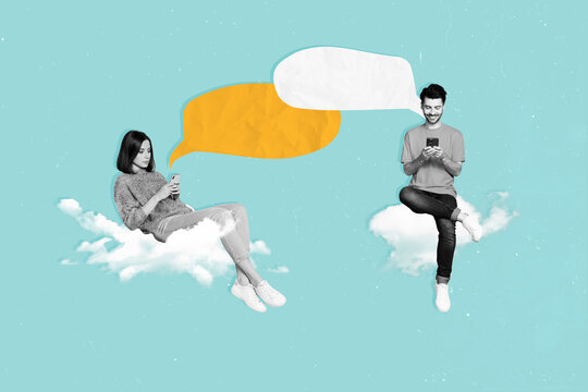 Pop pinup weird collage of two people bloggers lady guy sitting mind cloud texting on smart cell gadgets