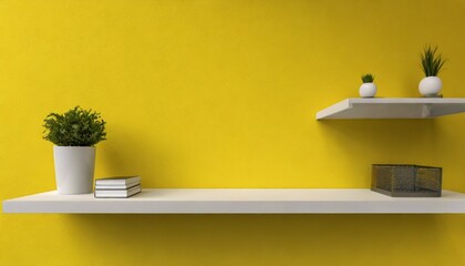 front view of empty shelf on vivid yellow wall background with modern minimal concept display of room shelves for showing realistic 3d render