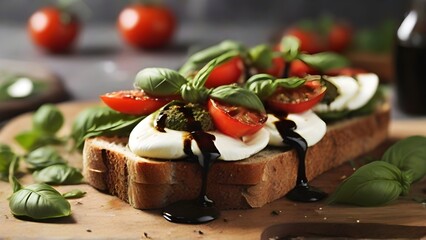 Caprese Sandwich, Sliced tomatoes, fresh mozzarella, and basil leaves on whole-grain bread, drizzled with balsamic glaze or pesto, background image, generative AI