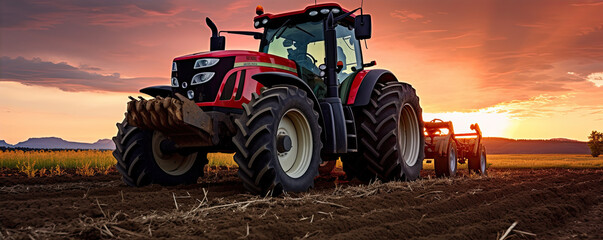 The tractor works the soil in the field with amazing background - obrazy, fototapety, plakaty