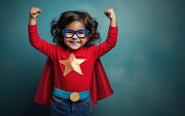 happy little Indian girl wearing a superhero costume