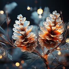Beautiful pine cones background, wallpaper. Winter background, poster. Icicles on cones, winter background. Generative ai	