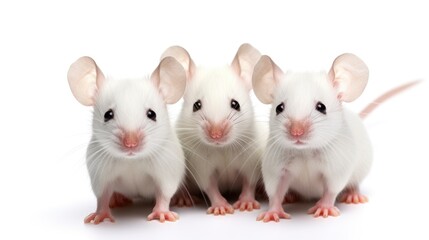 Two white mice sitting next to each other. Laboratory mice, animal research concept image.