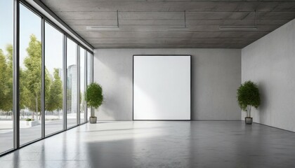 blank white wall in concrete office with large windows mockup 3d rendering