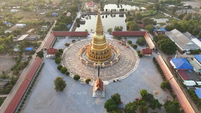 Beautiful aerial view of Phra Mahathat Chedi Sri Wiang Chai one of the biggest pagoda in Thailand, with the base of about 1,600 square metres located in Li district, Lamphun province.