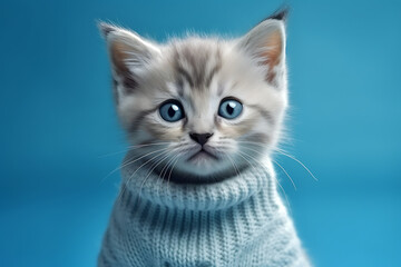 cat in a knitted sweater isolated on color background, portrait of a cozy animal in warm clothes