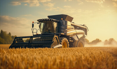 Combine harvester harvesting the wheat on the amazing wheat field