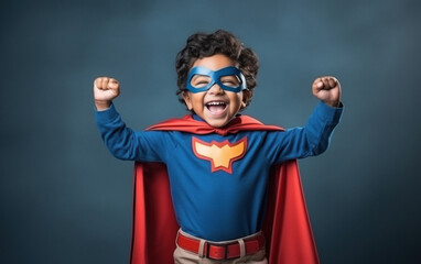 cute indian little boy wearing superhero custom
